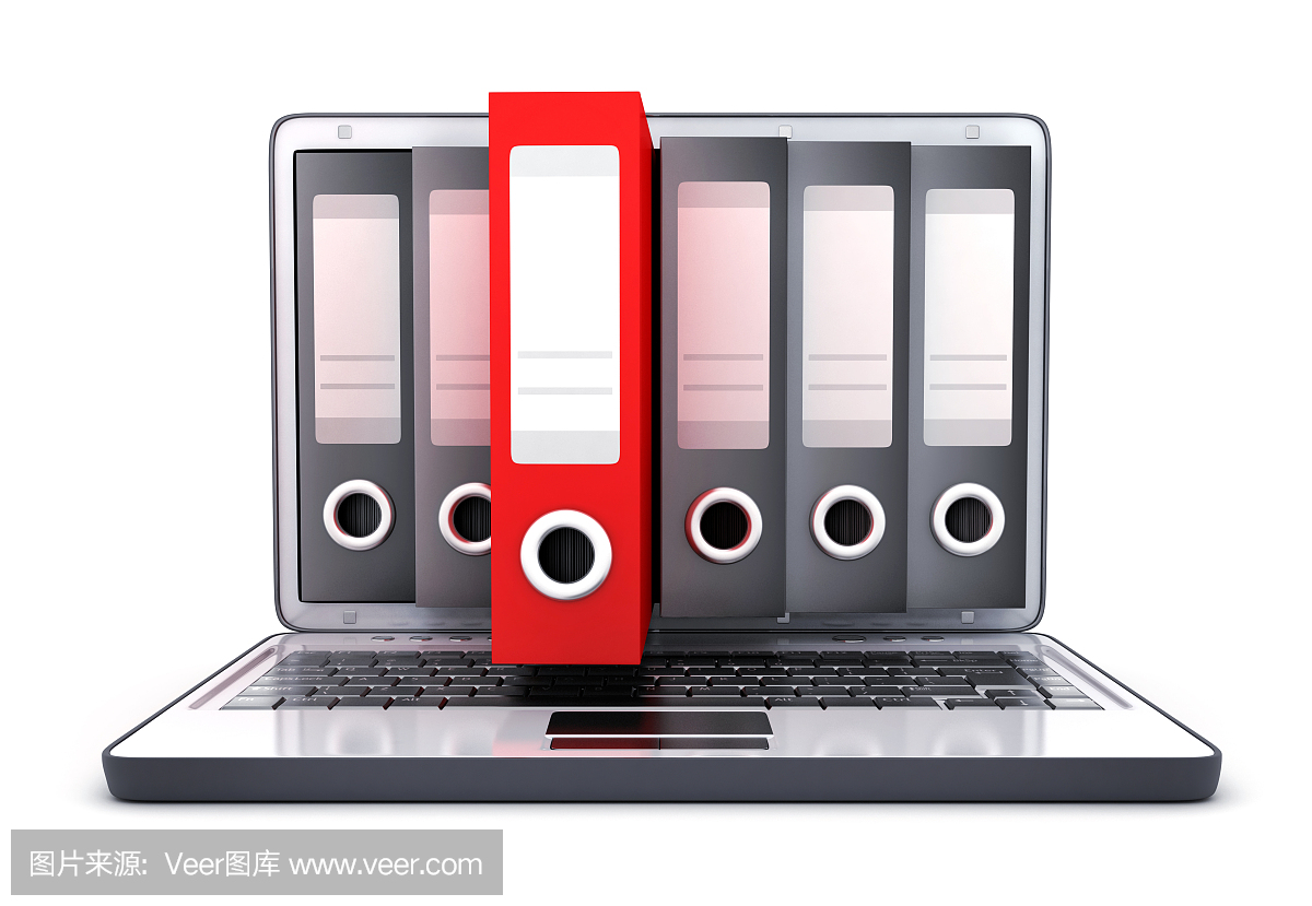 笔记本电脑3d和许多文件和一个红色文件